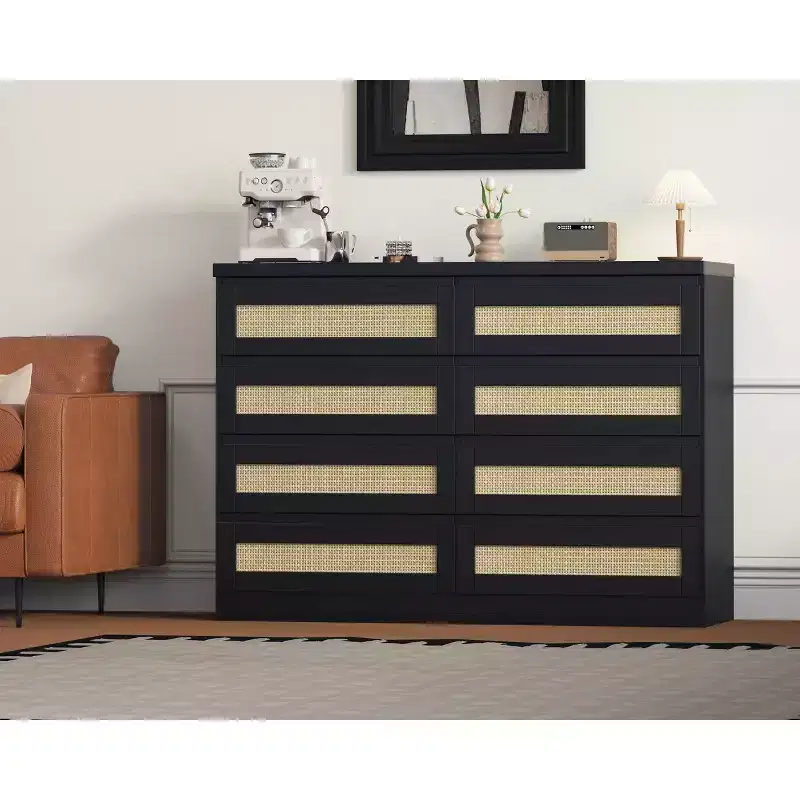 8-Drawer Wooden Chest of Drawers with Rattan Accents, Storage for Bedroom, Nursery & Living Room