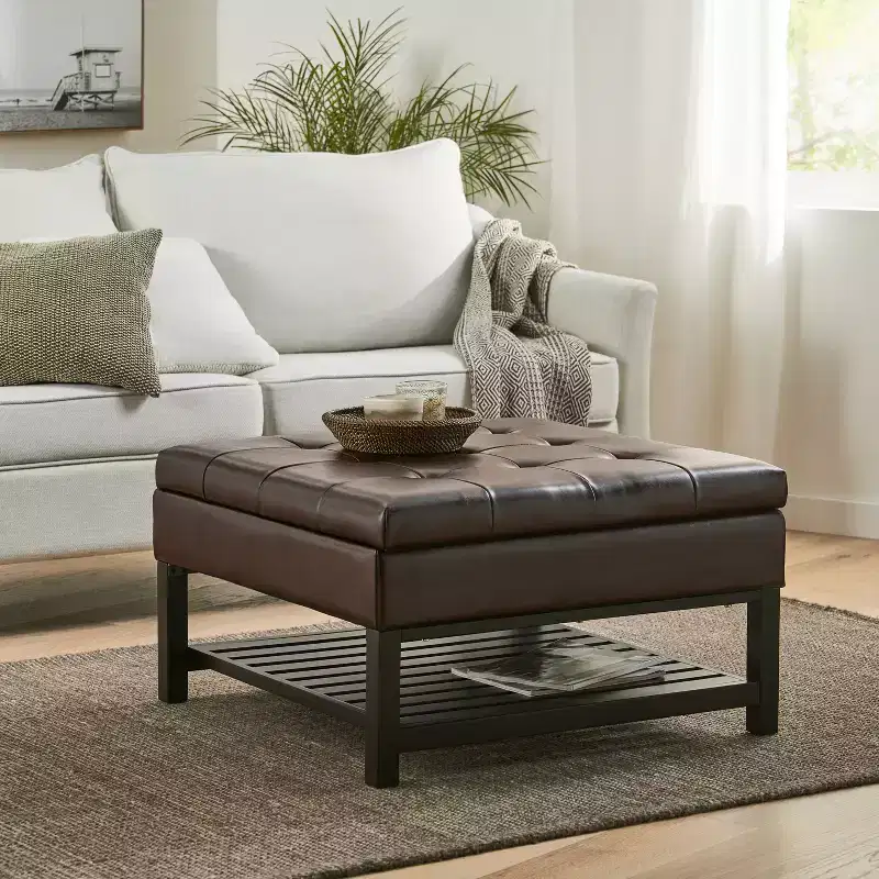 Contemporary Bonded Leather Tufted Storage Ottoman with Shelf, Brown/Dark Brown