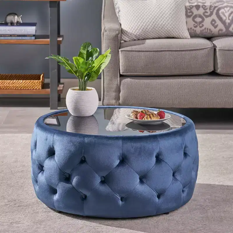 Glam Coffee Table Ottoman Blue - Velvet, Tempered Glass, Luxury Living Room Furniture