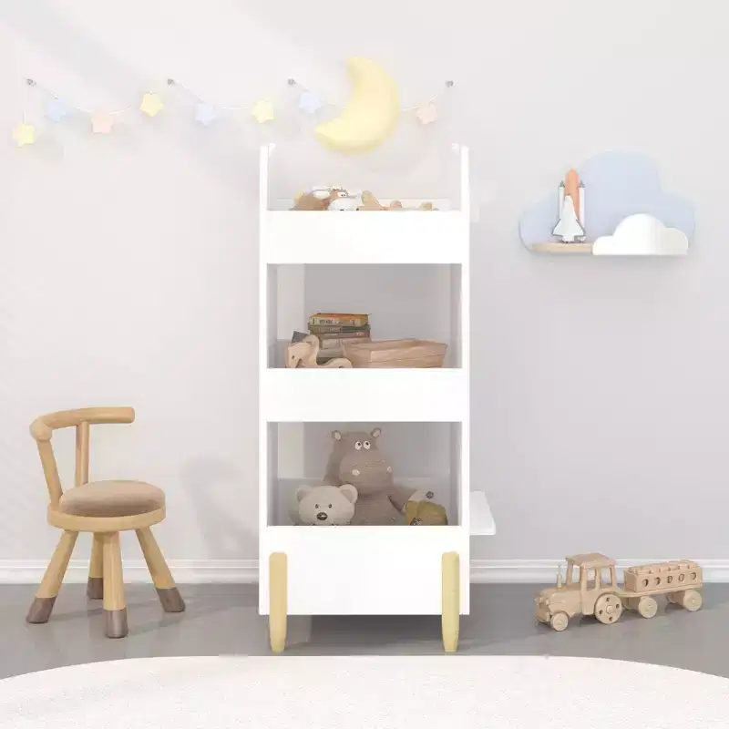 Kids Bookshelf with Chalkboard Side  Bear-Shaped Wooden Bookcase with 3-Tier Storage, Drawing Board for Toddlers, Toy and Book Organizer White