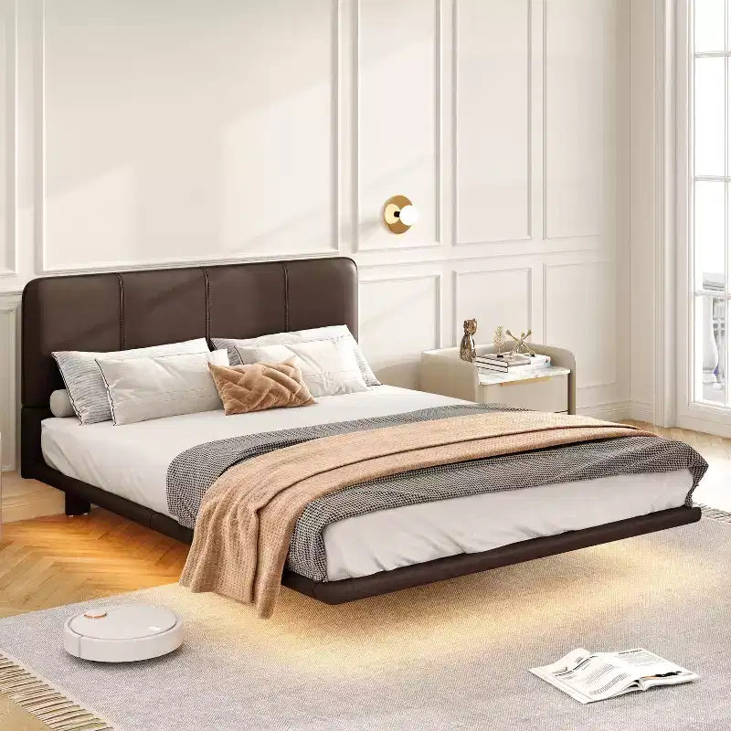 Full/Queen Size Floating Bed Frame with LED Light, Modern PU Leather Platform Bedframe for Bedroom