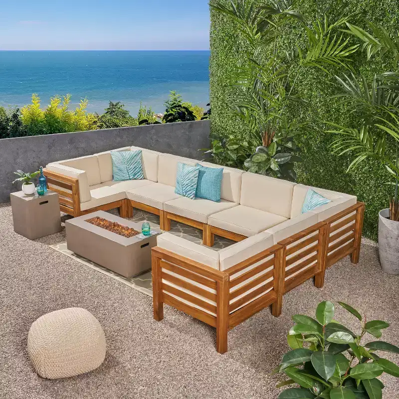 GDFStudio Cascada Outdoor Acacia Wood 8 Seater Sectional Sofa Set with Fire Pit