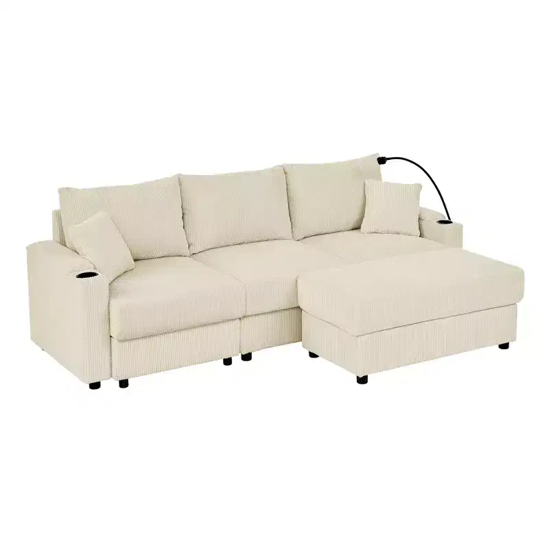 GDFStudio Rod Modern 3 Seater Corduroy 102 Sofa with Cup Holders,Mobile Phone Holder, Armrest Storage and Ottoman