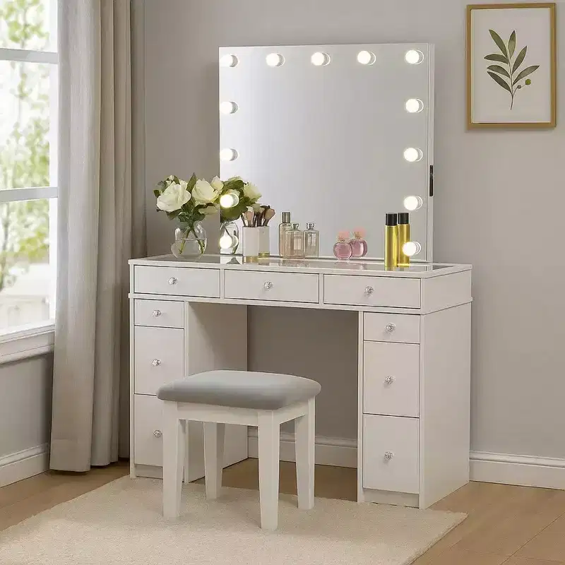 Royal Hampton Vanity Set With Lighted Mirror And Padded Stool, White-Gray