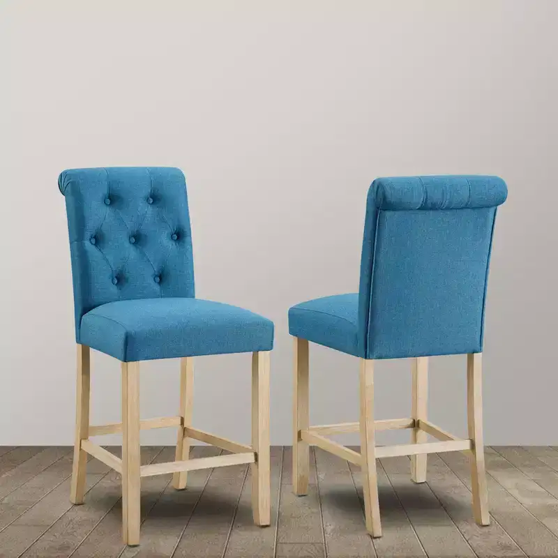 Roundhill Furniture Siena Counter Height Button Tufted Back Solid Wood Stools, Blue, Set of 2