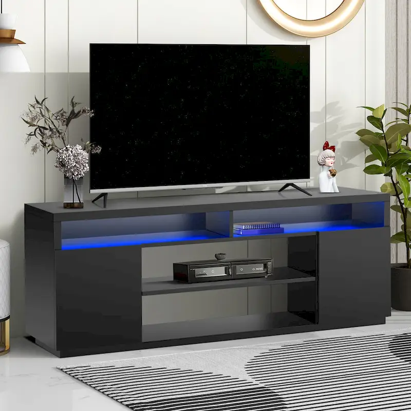 68-Inch Black Rectangular TV Stand with Open Shelves, Fits TVs up to 75 Inches