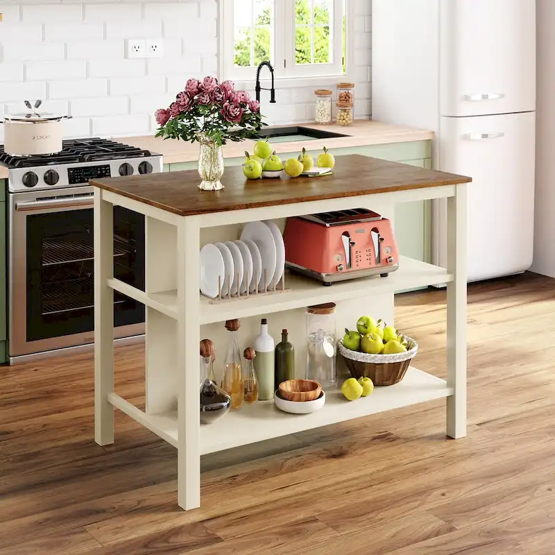 3-piece 45 Kitchen Island Set with 2 Seatings, Rubber Wood Butcher Block Dining Table Set Prep Table Set with 2 Open Shelves