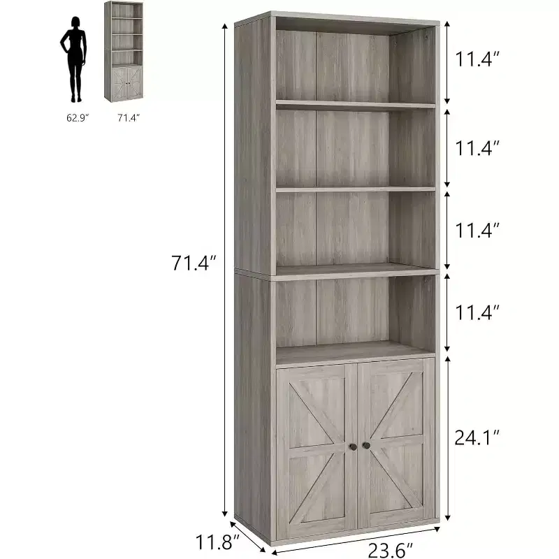 2pcs 71.4 Inch Tall 6-Shelf Bookcase, Farmhouse Style with 4 Doors, for Living Room and Home Office, Easy Assembly