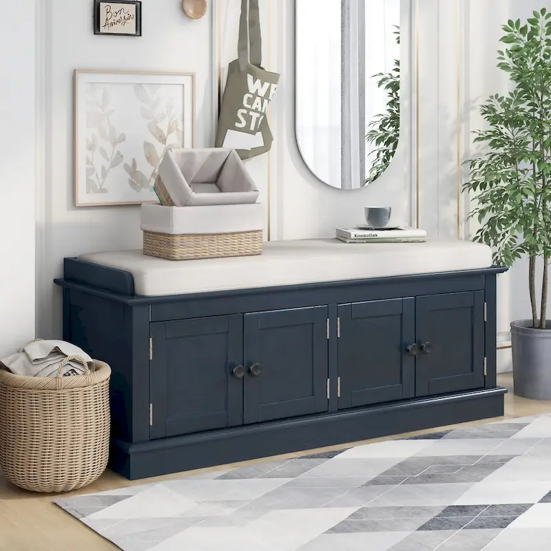 Storage Bench with 4 Doors and Adjustable Shelves, Shoe Bench with Removable Cushion for Living Room, Entryway