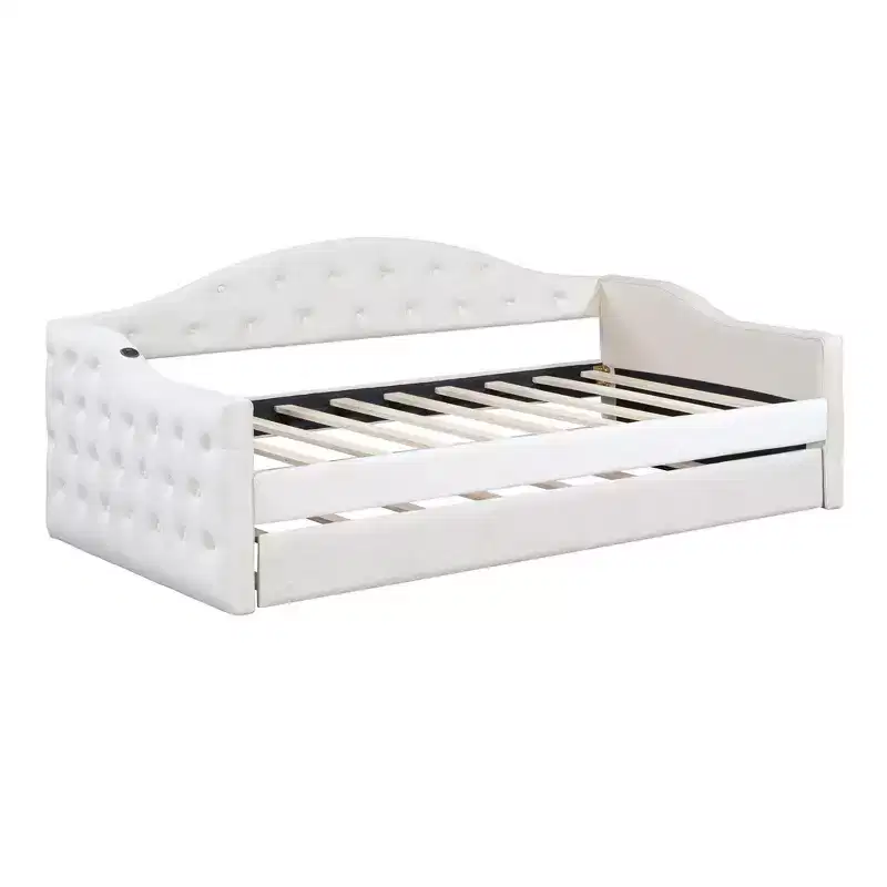 Twin Upholstered Daybed with Trundle, Tufted Velvet Sofa Bed with USB Charging Ports