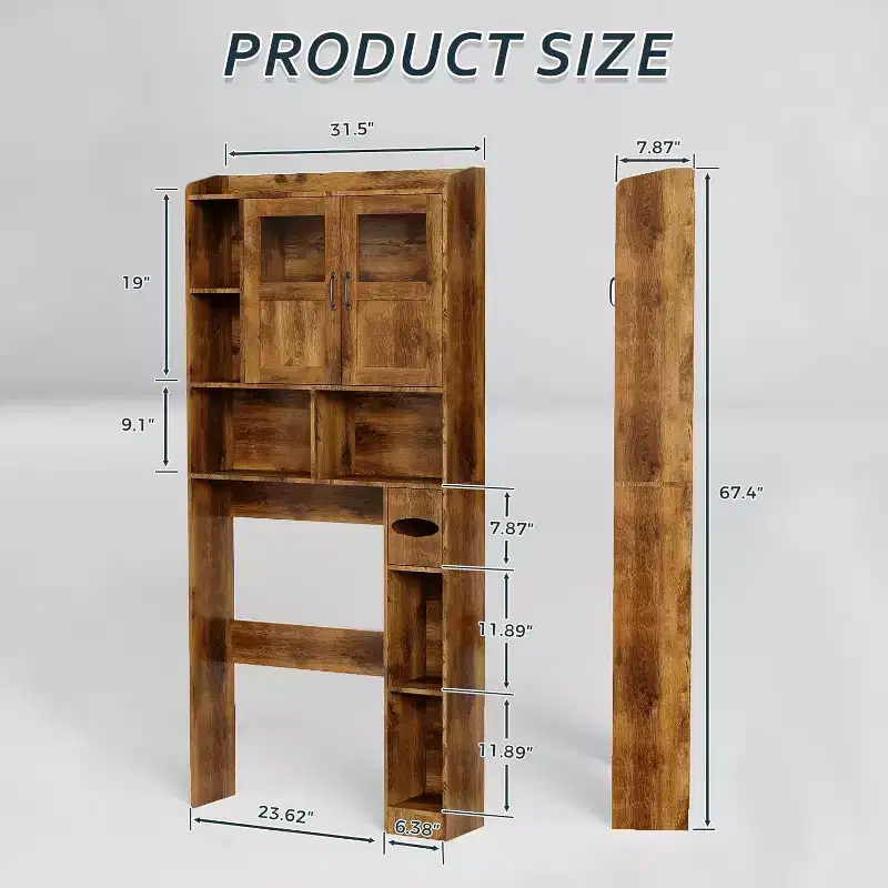 Over Toilet Storage Cabinet with Adjustable Shelves, Tall Bathroom Cabinet with Glass Doors, Freestanding Toilet Organizer for Bathroom