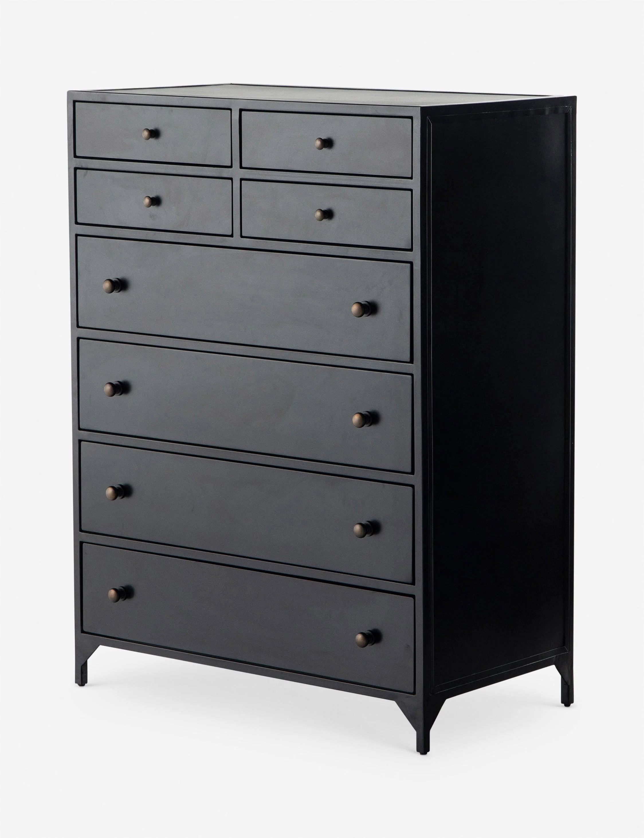 Dresser Perfect for industrial-inspired bedrooms, this tall eight-drawer dresser brings a sophisticated touch thanks to round brass drawer pulls