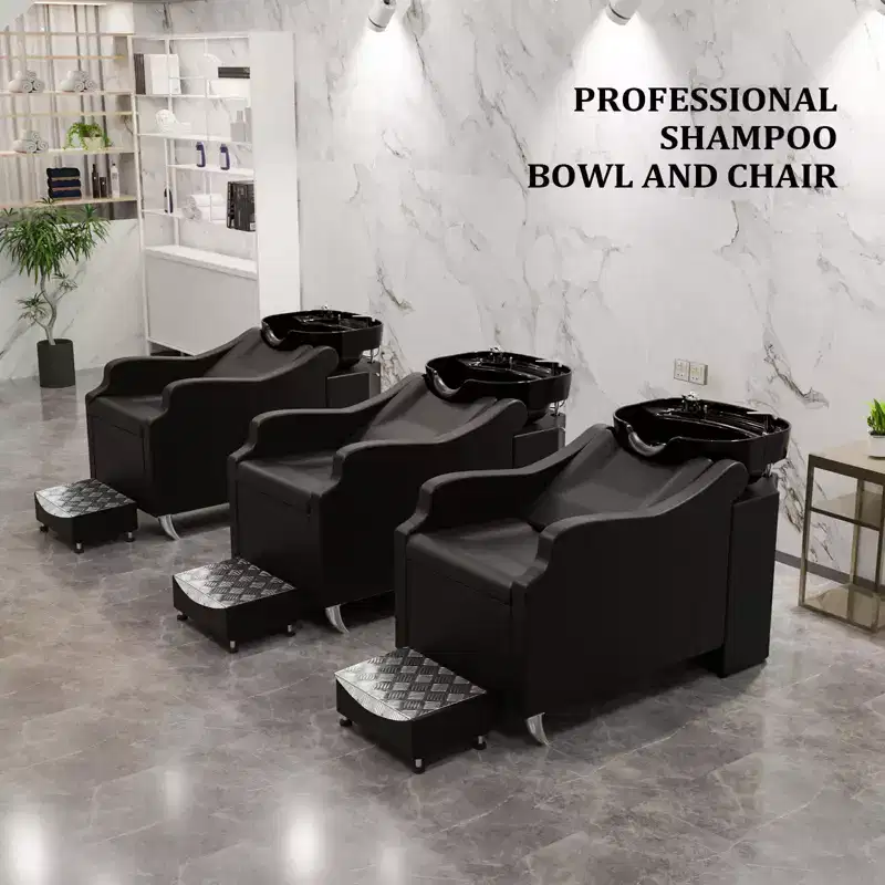 Black Salon Shampoo Bowl and Chair Backwash Unit with Extra Large Ceramic Bowl