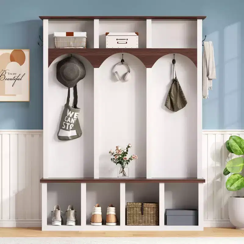 Farmhouse Wooden Hall Tree with 6 Hooks, Walnut Storage Bench with Adjustable Shelves, Shoe Cabinet with 13 Cubbies