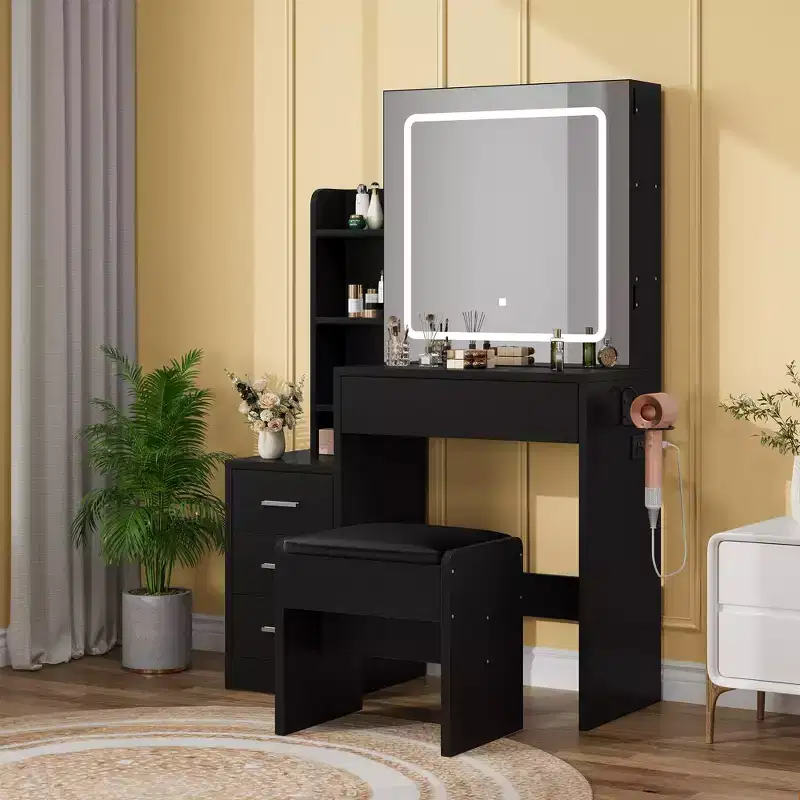 LED Lighted Vanity Set with Stool, Sliding Mirror, 4 Drawers, Open Shelves and Charging Station