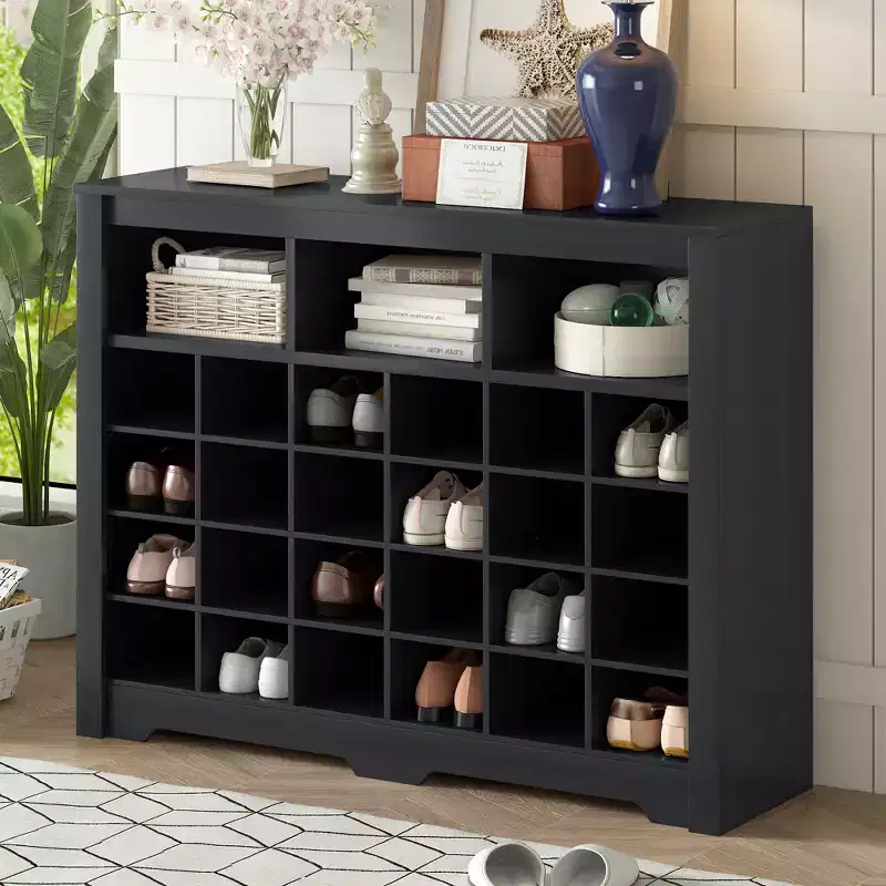 Whisen Rustic Shoe Storage Cabinet, Entryway Shoe Rack with 24-Shoe Cubby Console and Curved Base