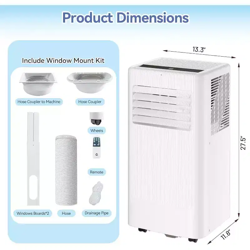 Acekool 10,000 BTU Portable Air Conditioner, 3-in-1 AC, Dehumidifier, Fan, Cools 560 Sq Ft, Remote, LED Display, 24H Timer, Wheels, White