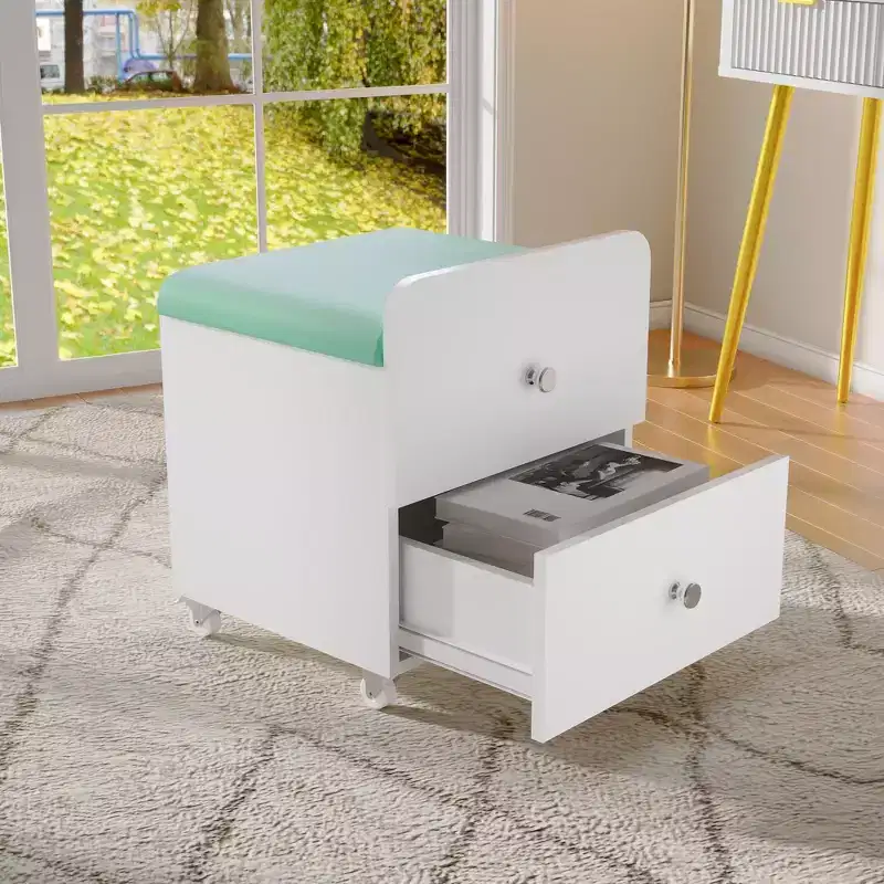 Modern Vanity Stool with Storage Drawer, 17.3 PU Leather Ottoman with Lockable Wheels, Multifunctional Makeup Chair for Bedroom & Living Room