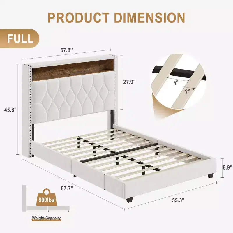 Bed Frame, Upholstered Headboard Platform Bed with Charging Station and Bookcase, No Noise, Easy Assembly Bed Frame with Light, No Box Spring Needed