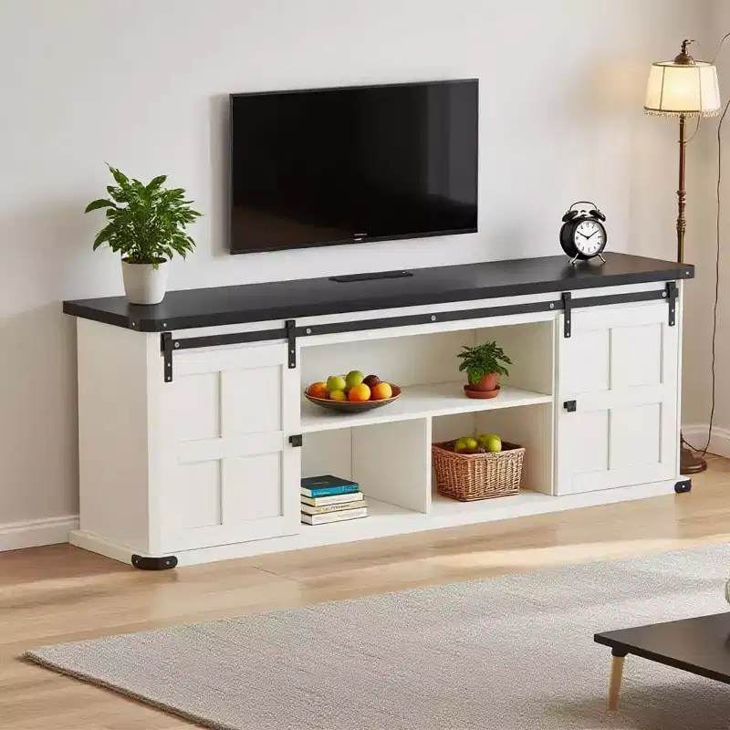 Farmhouse TV Stand with Sliding Barn Doors and Storage Cabinets, Entertainment Center for TVs up to 75