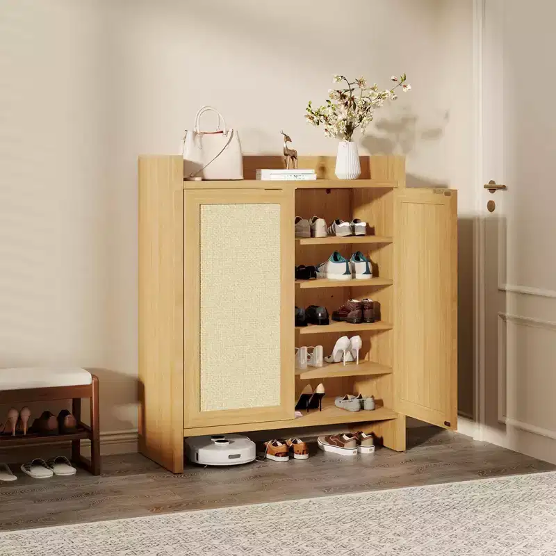 Rattan Shoe Storage Cabinet for Entryway  Ventilated Wood Grain Shoe Cabinet with Adjustable Shelves  Warm Rattan Door Storage for Hallway & Kitchen