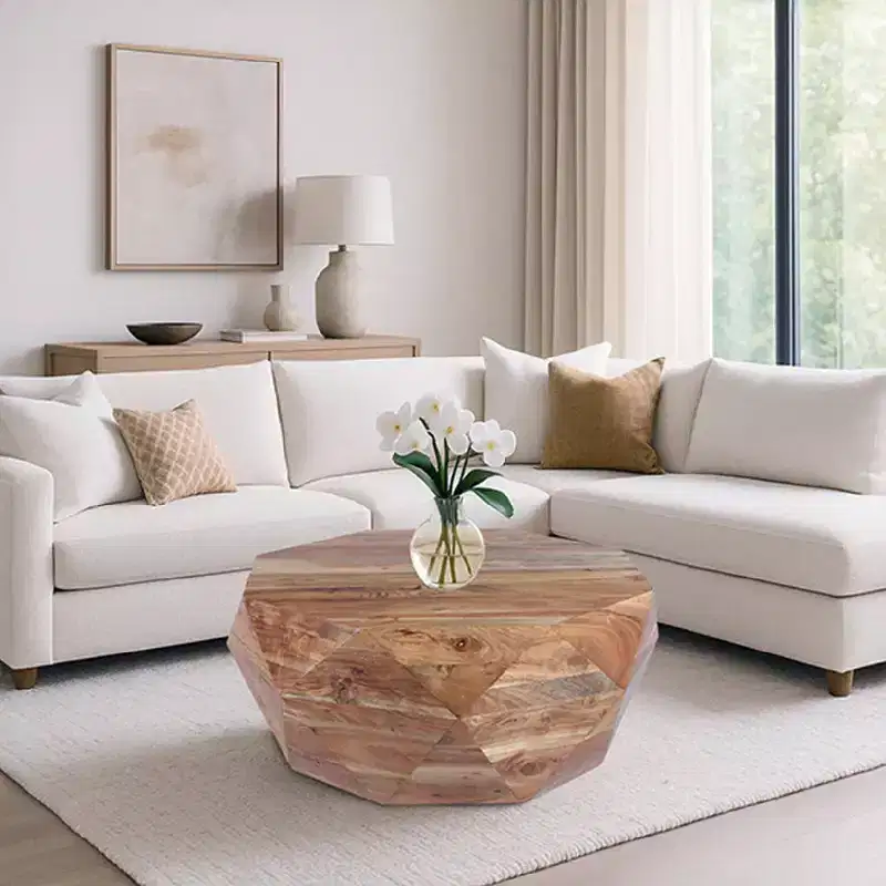Round Acacia Wood Coffee Table, 33 Inch, Natural Brown