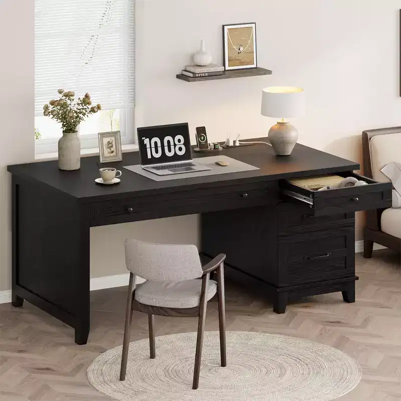 Farmhouse Desk with 4 Drawers, Rustic Office Desk Computer Desk with Charging Station, File Drawers and Storage Cabinet for Study and Home Office