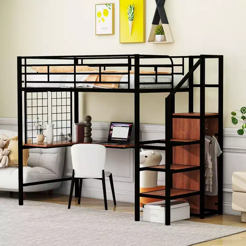 Metal Loft Bed with Desk and Metal Grid, Stylish Metal Frame Bed with Lateral Storage Ladder and Wardrobe