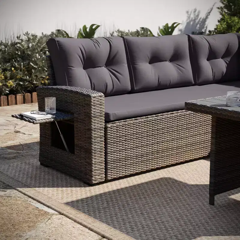 Flash Furniture Huck Indoor/Outdoor Wicker Rattan Conversation Set, L-Shaped Sofa with Dining Table, Weather Resistant Cushions