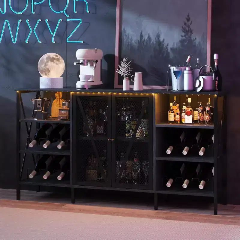 55 Inch Farmhouse Wine Bar Cabinet with Metal Frame, Rustic Industrial Design with Wine Rack and Glass Holder, Multi-Purpose Storage for Living Room