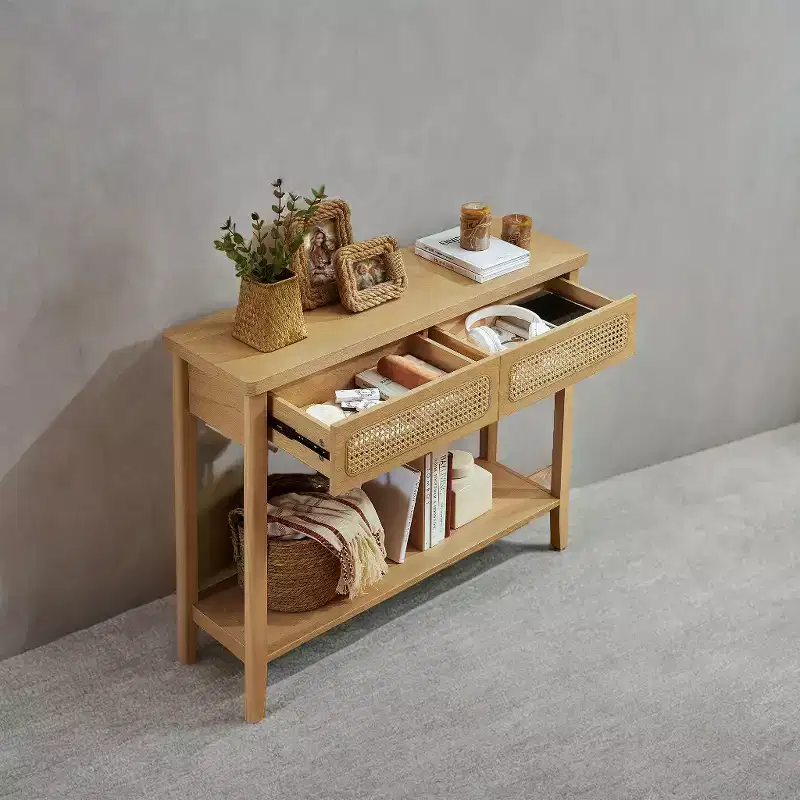 Rattan Console Table with 2 Drawers & Open Shelf, Narrow Entryway Table, 39.4