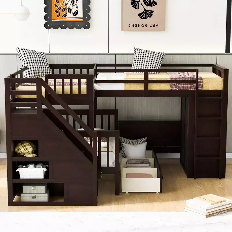 Whisen Modern Design Twin over Full L-Shaped Bunk Bed With 3 Drawers, Portable Desk and Wardrobe