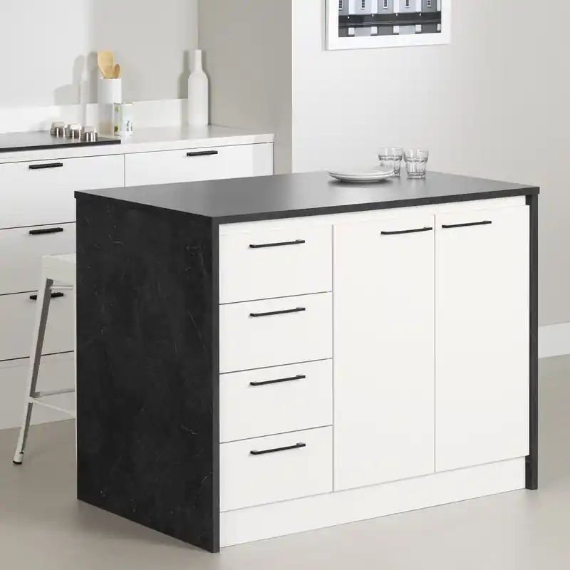 Kitchen Island With Storage - Faux Black Stone And White