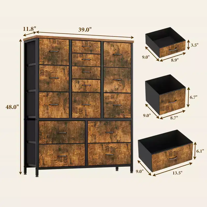 48 Tall 15-Drawer Fabric Dresser - Steel Frame & Wood Top Storage Tower for Bedroom, Closet, Living Room