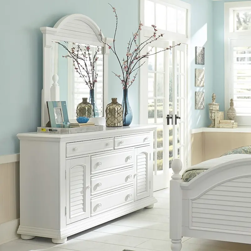 2-Door 5-Drawer Dresser with Louvered Panels and Wooden Knobs – Oyster White, 1-Unit
