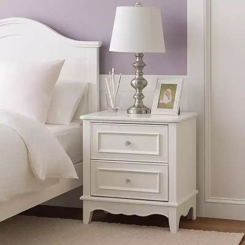 Nightstand, 2 Drawers, Modern White Solid Wood Frame, 27 Inch