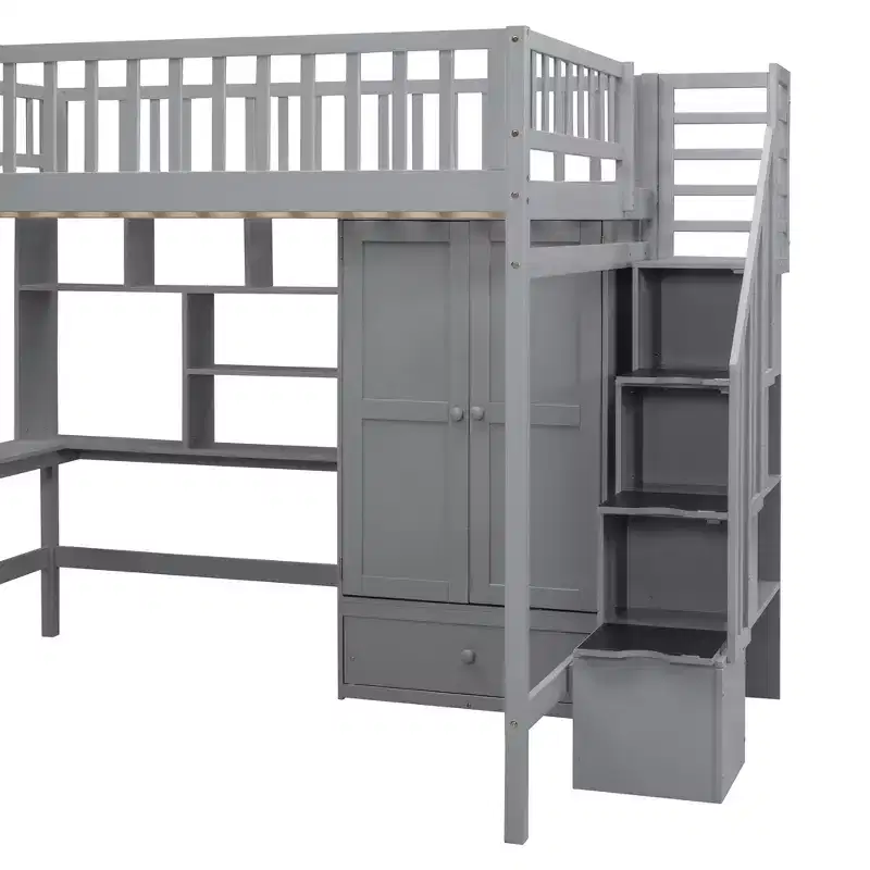 Wood Full Size Loft Bed with Bookshelf, Desk, Drawers & Wardrobe 94.4''L x 57''W
