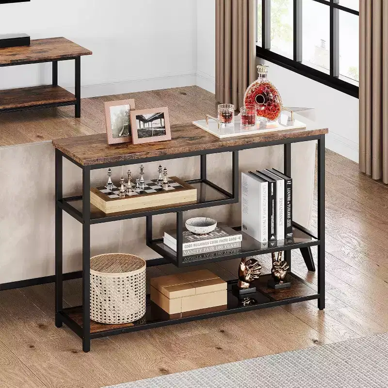 Industrial 4-Tier Console Table with Glass Shelves, Narrow Sofa Table 39.4 for Entryway, Living Room, Bedroom, Metal Frame Hallway Accent Table