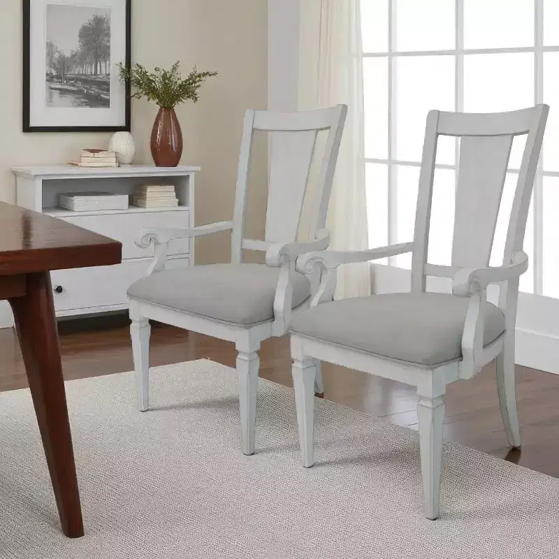 Set of 2 Light Gray Upholstered Linen & Solid Wood Open Back Dining Arm Chairs