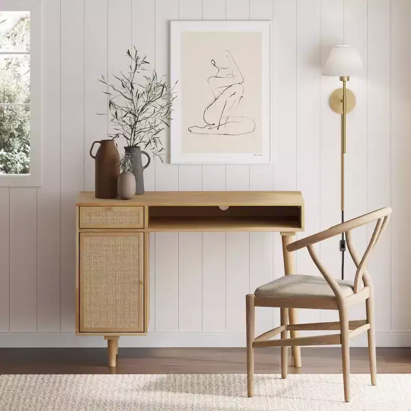 Nathan James Boho Vanity Desk with Storage Warm Pine Rattan: Modern Farmhouse Design, Gold Hardware, Cable Management