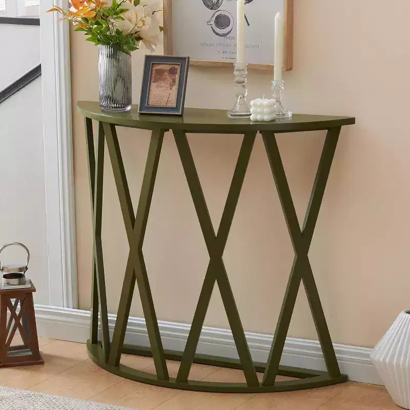 Vienna Half Moon Console Table with X-Motif Design - Avocado Green