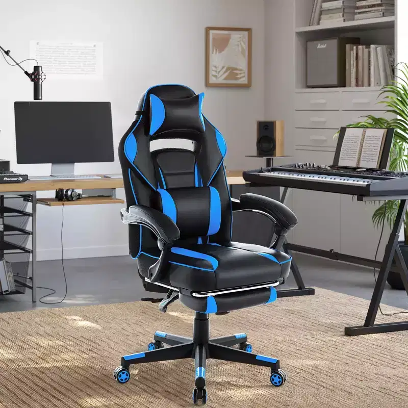 High Back PU Leather Gaming Chair  Ergonomic Computer Chair with Headrest, Retractable Footrest, Lumbar Support, 360 Swivel, Height Adjust, Black