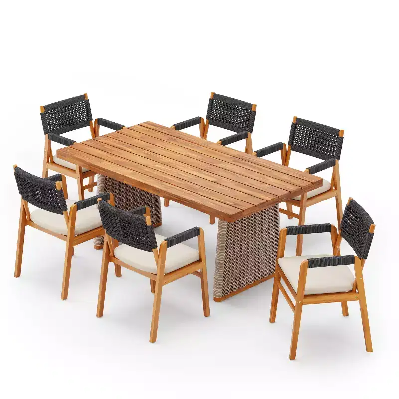 Christopher Knight Home Francesca Rustic 7 Piece Outdoor Woven Rope Acacia Wood Dining Set with Rattan Slatted Table
