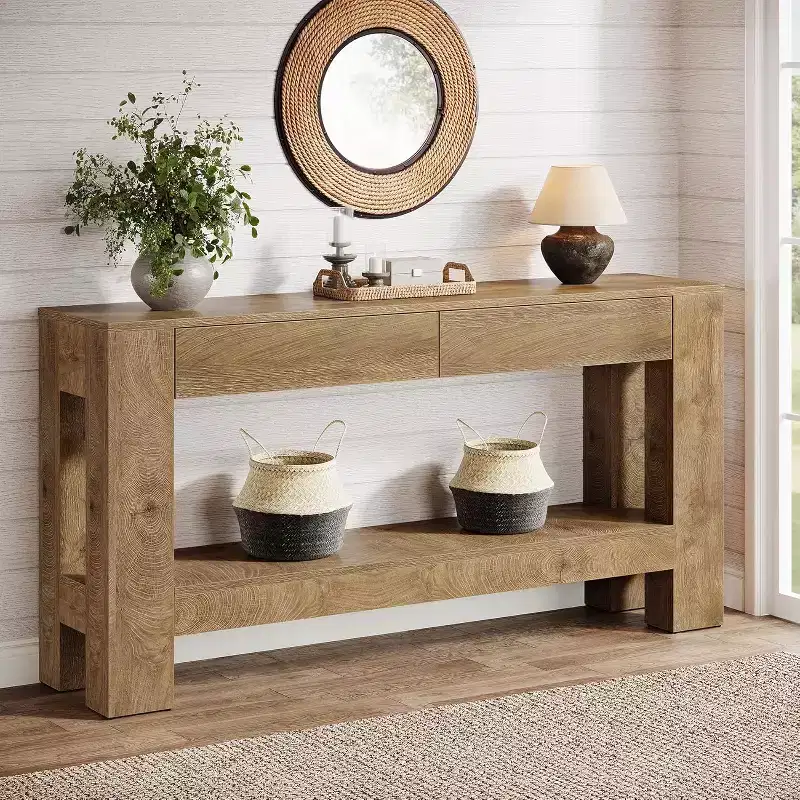 Lantine 63 Wooden Console Table with 2 Drawers, Farmhouse Entryway Table with Storage Shelf, Sofa Table for Living Room, Hallway