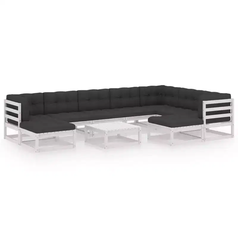 vidaXL Patio Furniture Set 10 Piece Outdoor Sectional Sofa Solid Wood Pine - White With Cushions