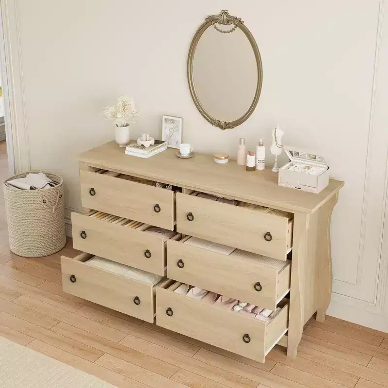 Wood 7-Drawer Dresser - Tall Boho Dresser with Curved Legs, Rattan Accents, and Freestanding Storage
