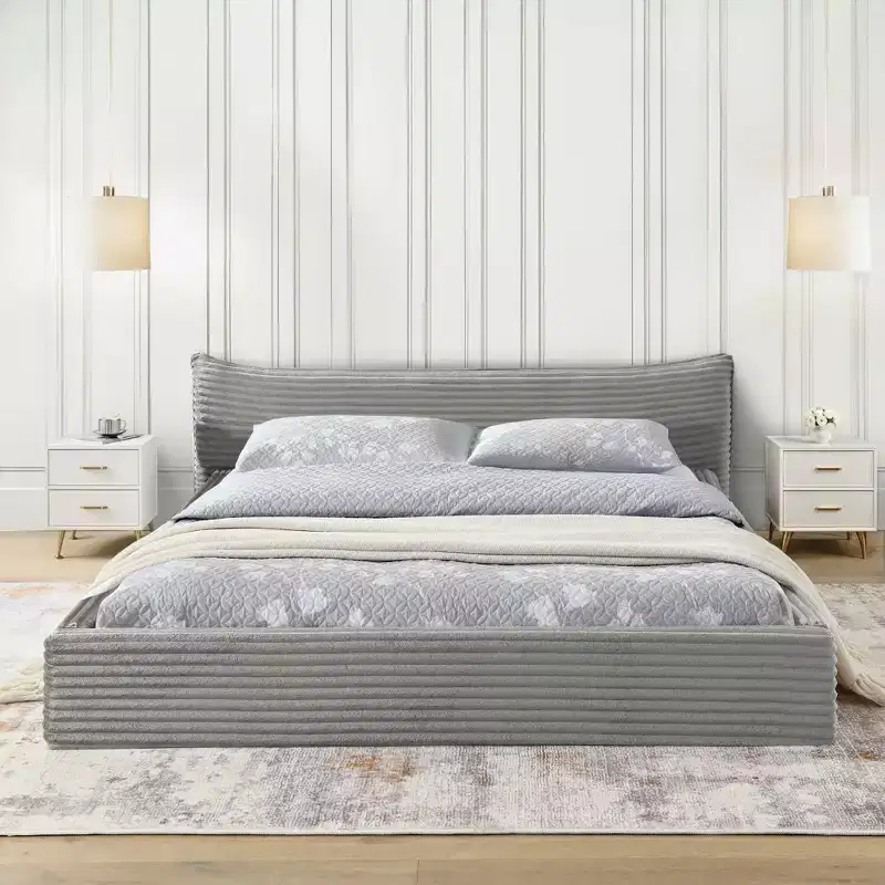 Queen Size Upholstered Bed Frame with Pleated Chenille Headboard, Gray