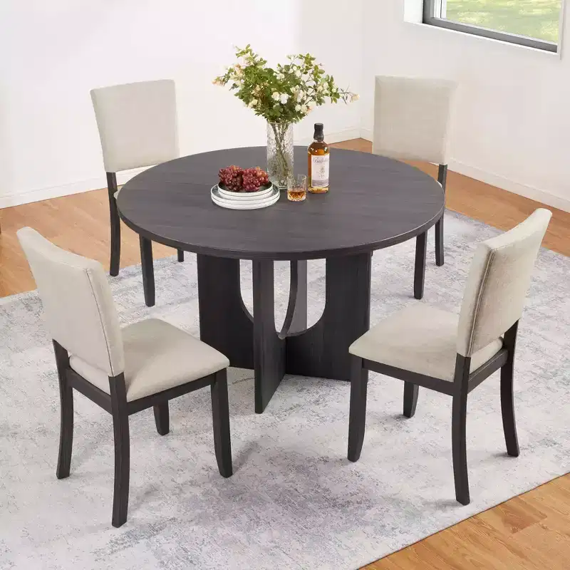 MAYEERTY 5-Piece 47.3 Modern Round Dining Set, 4 Upholstered Chairs, Antique Black & Beige