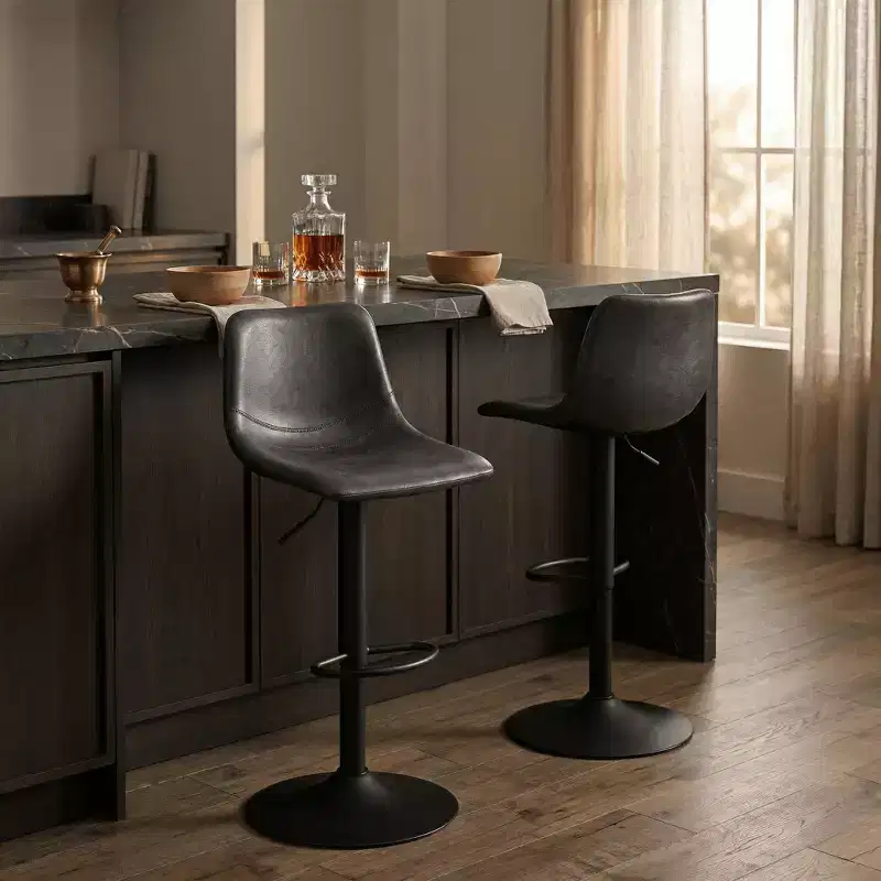 Adjustable Height Bar Stool | Vegan Leather, Footrest, Kitchen Island