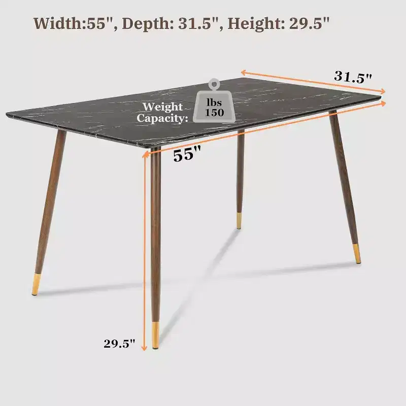55.1 Modern Dining Table with Black Marble-Style Top and Wood Tapered Legs, Rectangular Kitchen & Dining Room Table